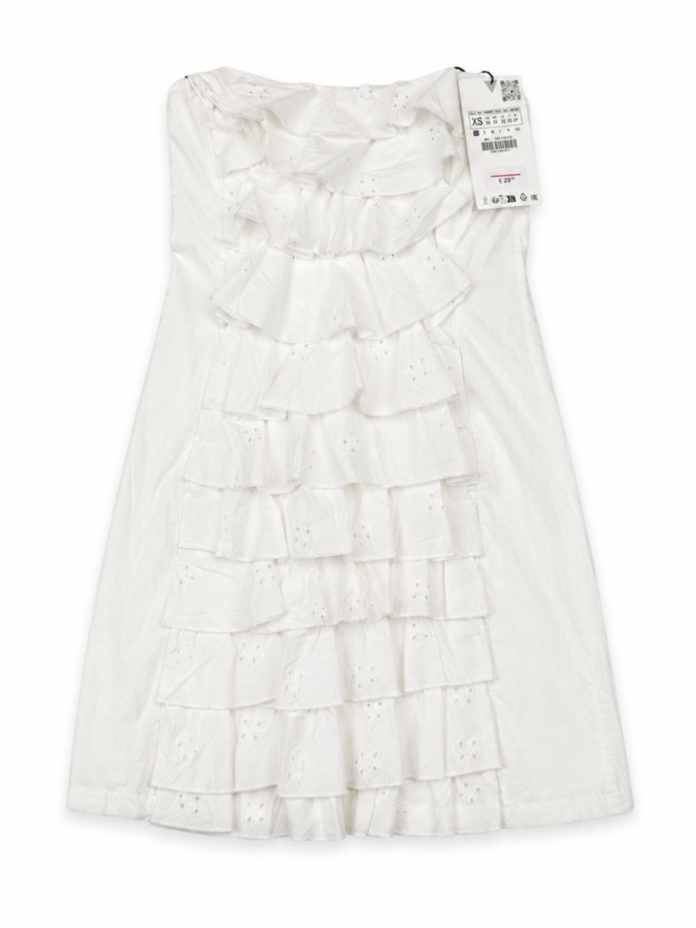 Share Zara White Eyelet Ruffle Mini Dress Strapless Size XS NWT Tiered Summer Co